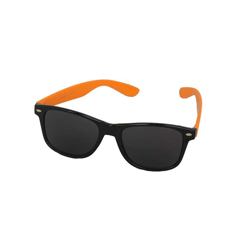 Schwarze Sonnenbrille mit orangen Bügeln, Wayfarer-Design